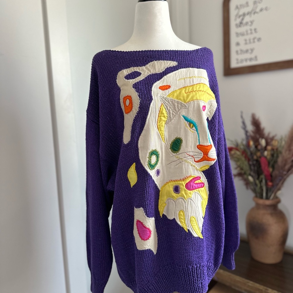 Rare 80’s “Nannell” Purple Cat Design Sweater